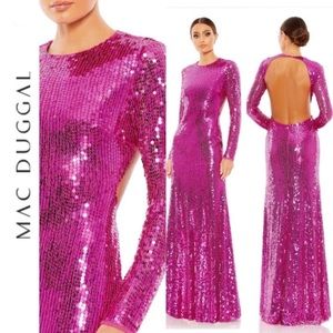 Mac Duggal Dress Long Sleeve Gown Open Back in Sequin Fuchsia